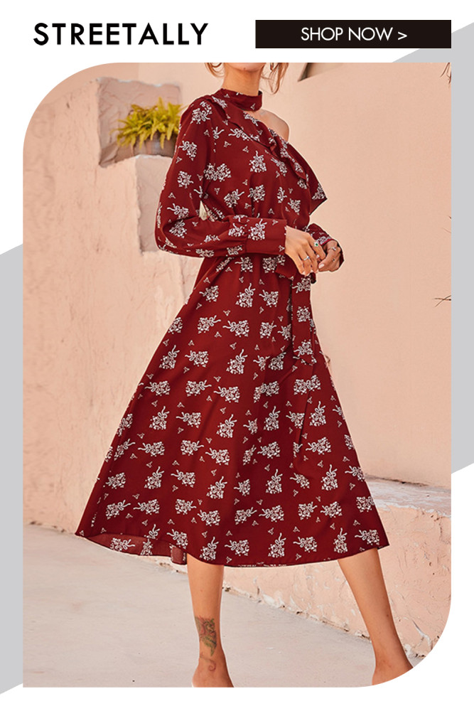 Long Sleeve Floral Ruffle Neck Belt Off Shoulder Midi Dresses