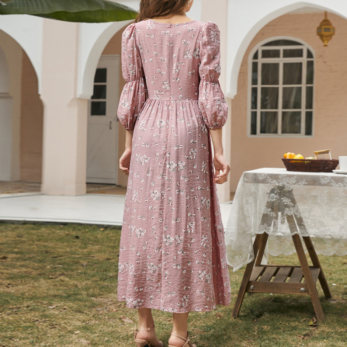 Elegant Floral High Waist V Neck 3/4 Sleeves Maxi Dresses