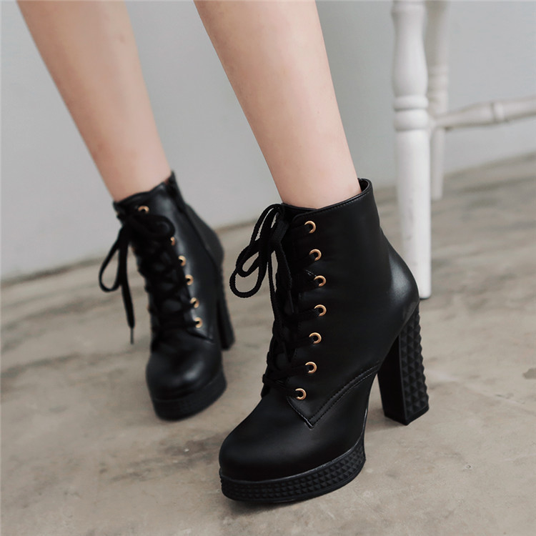 Lace Up Leather Round Toe Chunky Heel Plus Size Ankle Boots