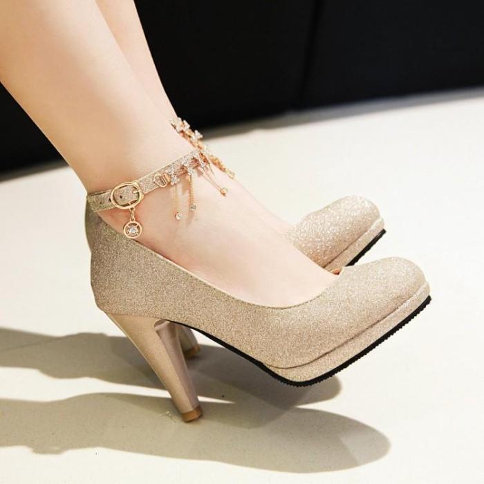Chunky Heels Tassel Rhinestone Plus Size Fashion Heels