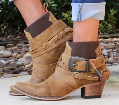 Vintage Chunky Heel Buckle Strap Plus Size Fashion Ankle Boots