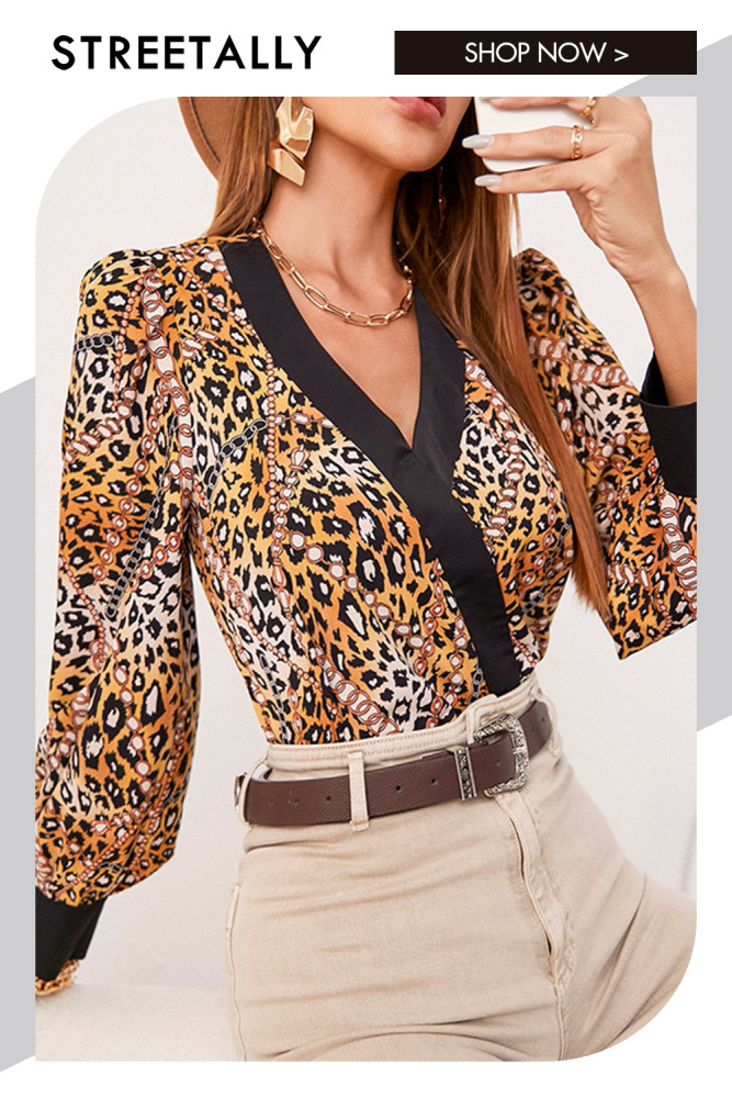 V-Neck Leopard Print Balloon Sleeve Slim Fit Blouses & Shirts