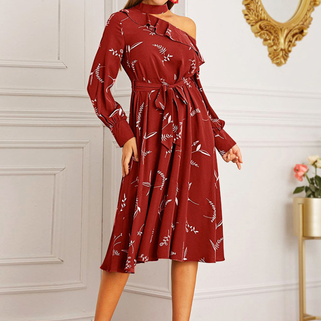 Printed Resort Chiffon Curb Long Sleeve Casual Dresses