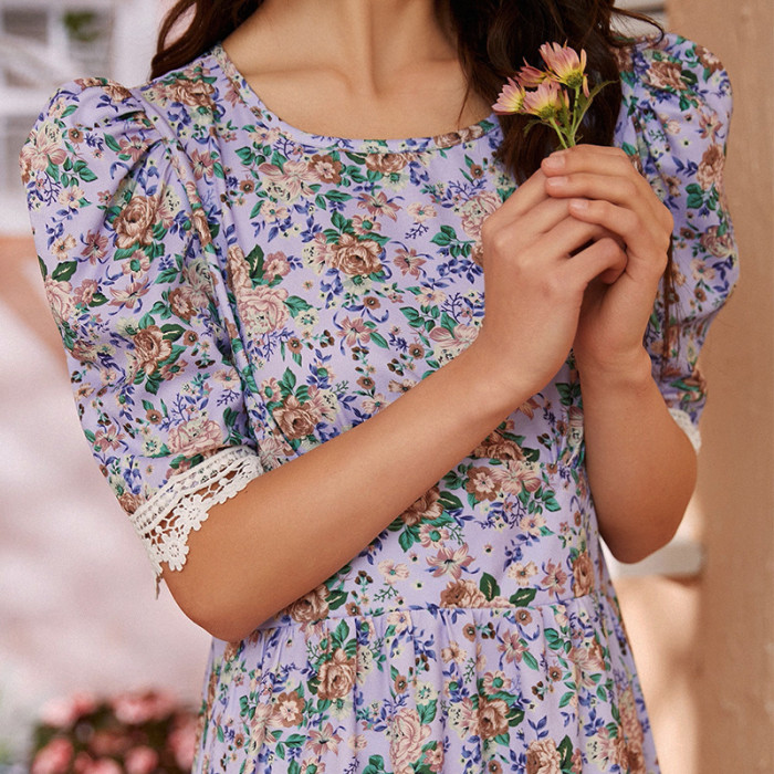 Floral Chiffon Crew Neck Short Sleeves Printed Maxi Dresses
