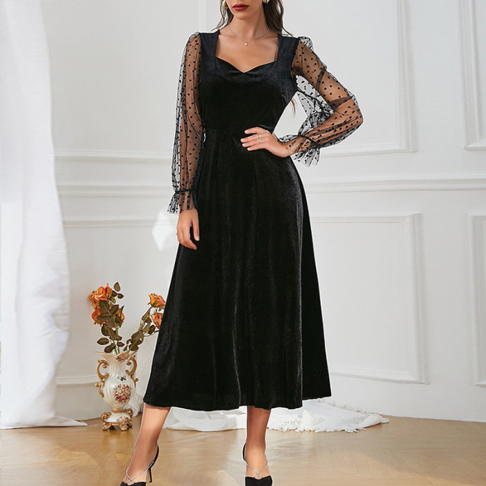 French Lace Sleeves Elegant Solid Square Neck Midi Dresses