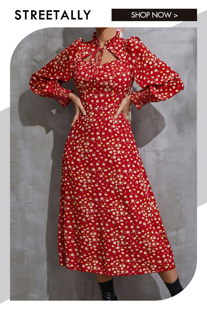 Chiffon Stylish Cutout Print Long Sleeves High Waist Crew Neck Midi Dresses