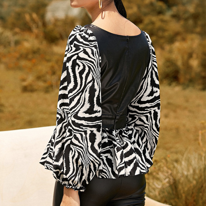Long Sleeve Leather Casual Zebra Print Square Neck Blouses & Shirts