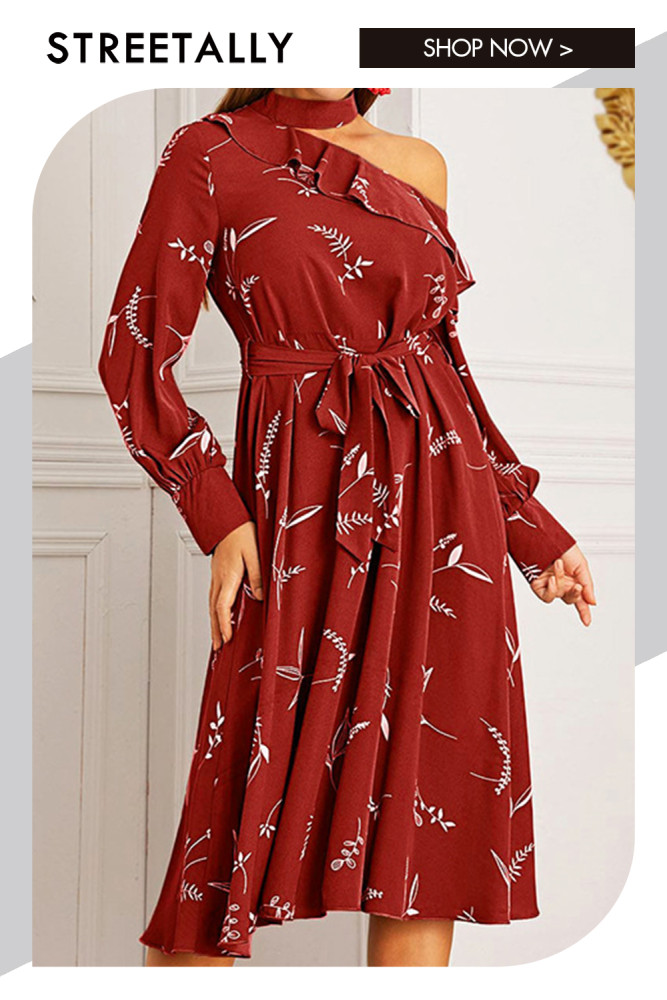 Printed Resort Chiffon Curb Long Sleeve Casual Dresses