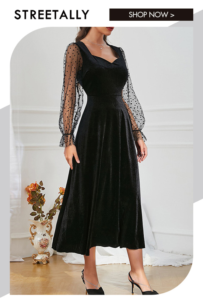 French Lace Sleeves Elegant Solid Square Neck Midi Dresses