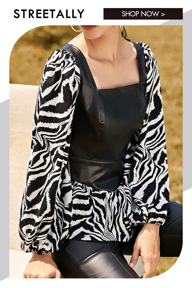 Long Sleeve Leather Casual Zebra Print Square Neck Blouses & Shirts