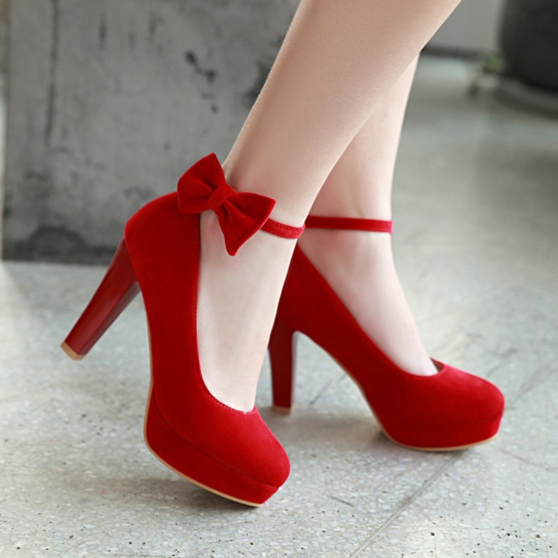 Solid Color Thin Heel Shallow Bow Casual Large Size Heels