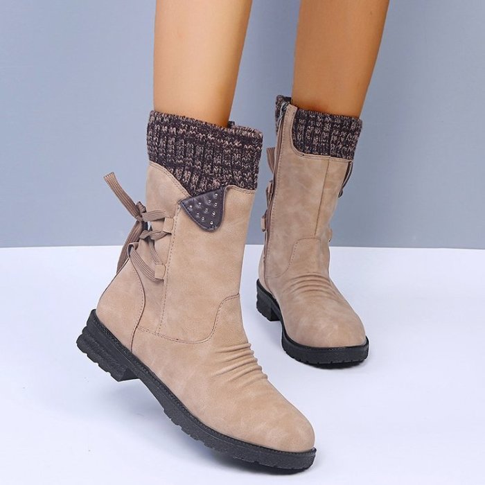 Large Size Thick Heel Tie Middle Tube Solid Color Fashion Boots