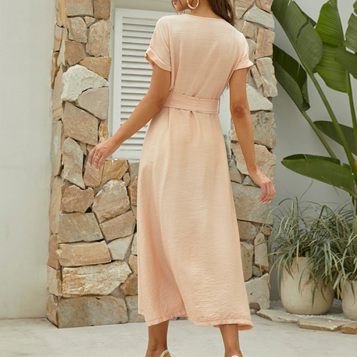 Elegant Single-Breasted V-Neck Waist-Up Solid Color Maxi Dresses