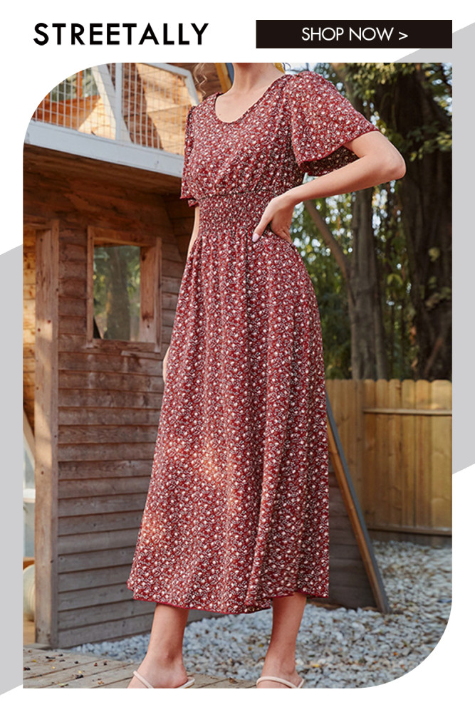 Floral Crew Neck Floral Elastic Waist Short Sleeve Maxi Dresses