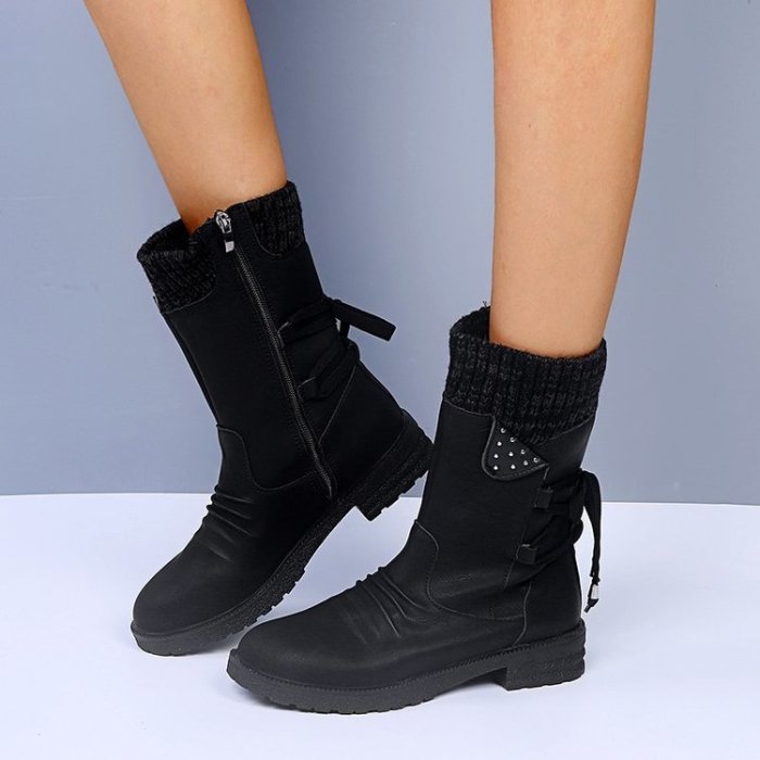 Large Size Thick Heel Tie Middle Tube Solid Color Fashion Boots