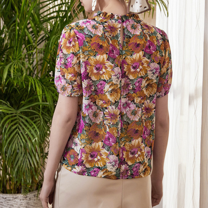 Floral Half Turtleneck Short Sleeve Print Fashion Blouses & Shirts