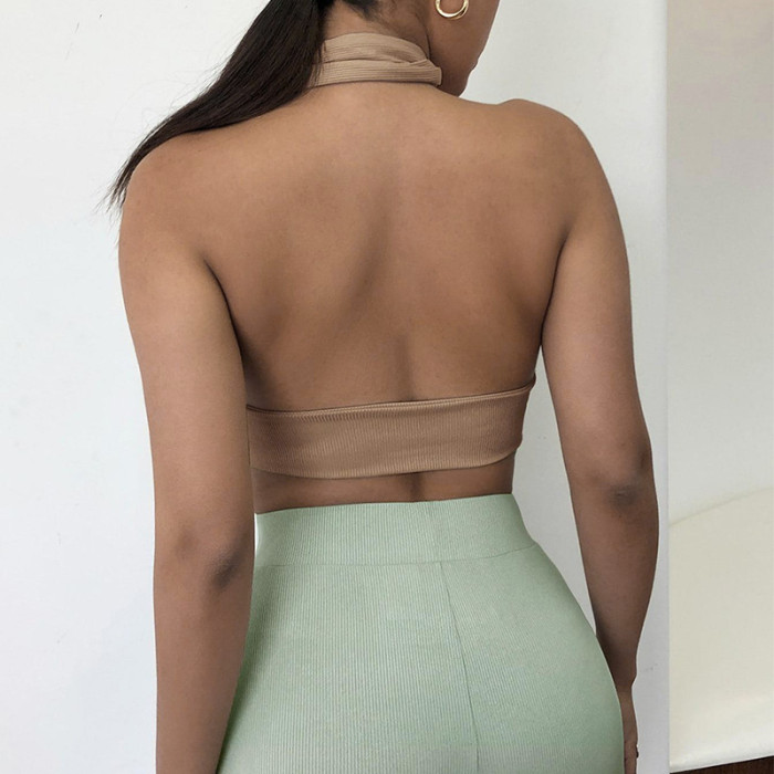 Solid Knit Sleeveless Open Back Sexy Halter Camis & Vests