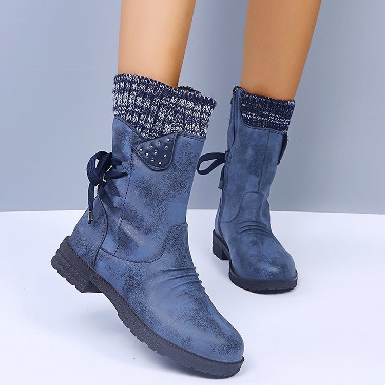 Large Size Thick Heel Tie Middle Tube Solid Color Fashion Boots