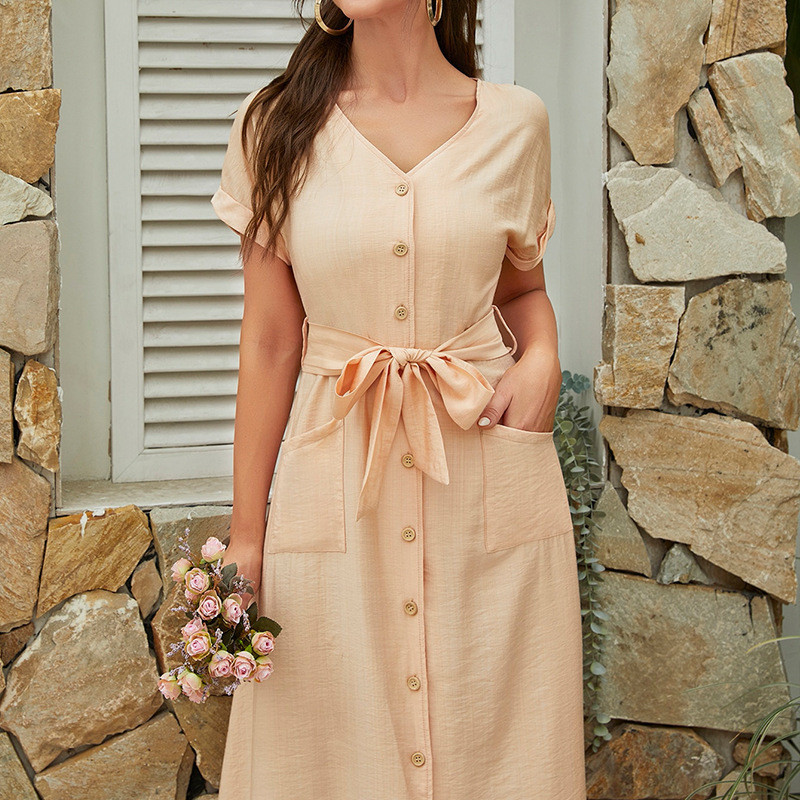 Elegant Single-Breasted V-Neck Waist-Up Solid Color Maxi Dresses