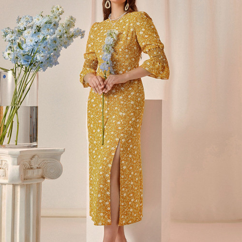 French Floral Slit Bag Hip Crew Neck Elegant Midi Dresses