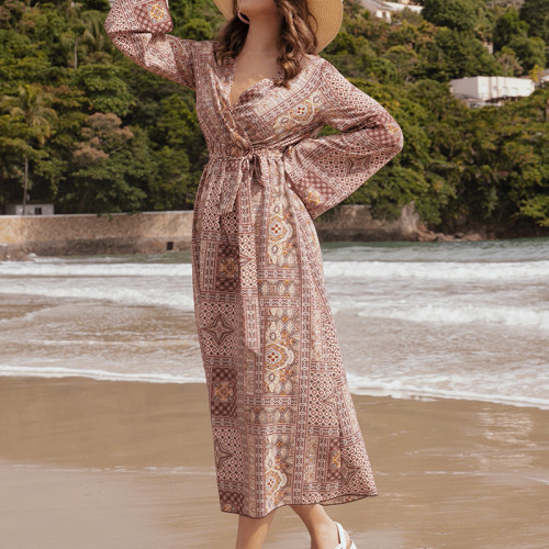 Vintage V-Neck Print Long Sleeve Neck Waist Midi Dresses