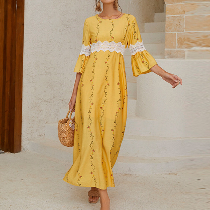 3/4 Sleeves Slim Fit Elegant Print Crew Neck Maxi Dresses