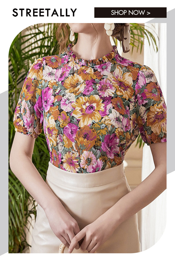 Floral Half Turtleneck Short Sleeve Print Fashion Blouses & Shirts