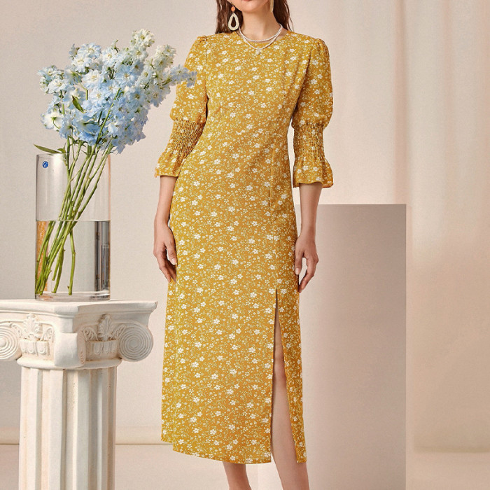 French Floral Slit Bag Hip Crew Neck Elegant Midi Dresses