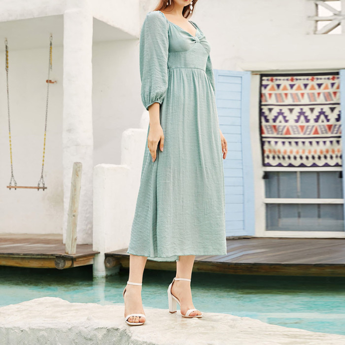 Plain French Long Sleeve Age Reduction Square Neck Elegant Midi Dresses