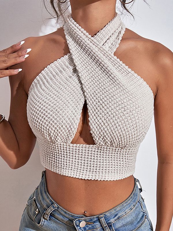 Sexy Knitted Cross Halter Neck Wear Solid Color Camis & Vests