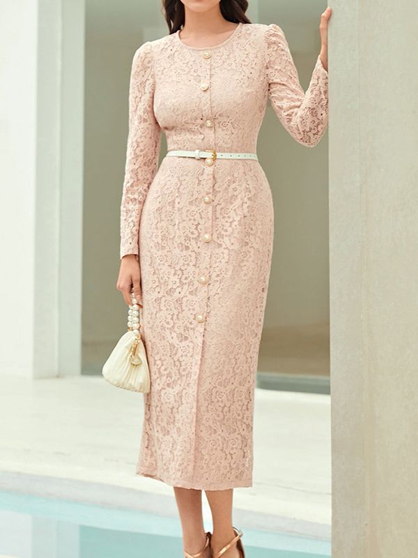 Long Sleeve Slim Lace Elegant French Slit Midi Dresses