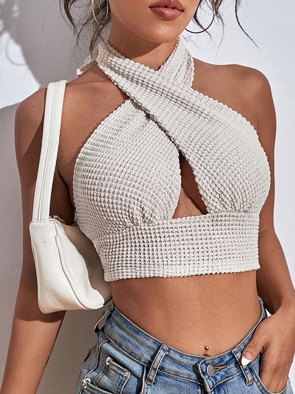 Sexy Knitted Cross Halter Neck Wear Solid Color Camis & Vests