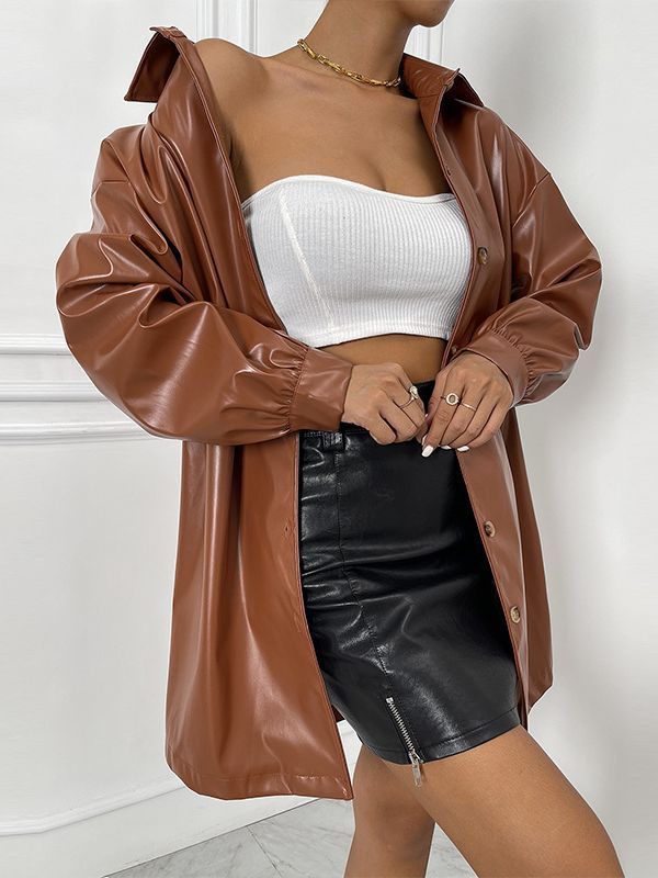 Leather Jackets Solid Color Locomotive Lapel Loose Jackets