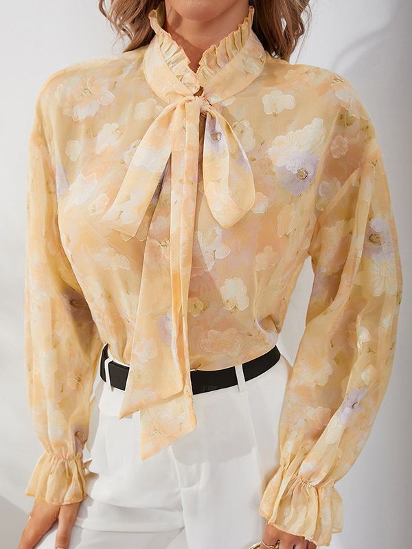 Elegant Thin Tie Dye Chiffon Long Sleeve Turtleneck Tie Blouses & Shirts