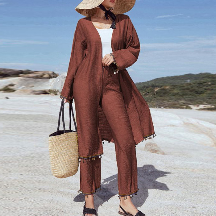 Solid Color Fashion Fringe Vacation Elegance Two-piece Outfits