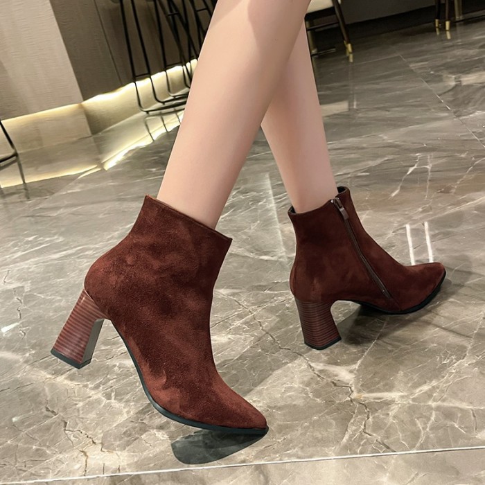 High Chunky Heel Elegant Pointed Zipper Ankle Boots