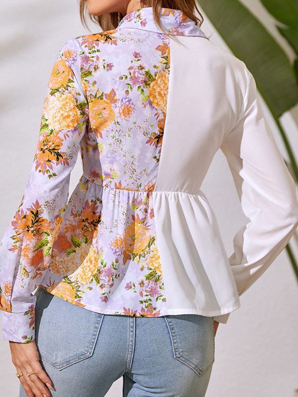 Long Sleeve Floral Chiffon Buckle French Blouses & Shirts
