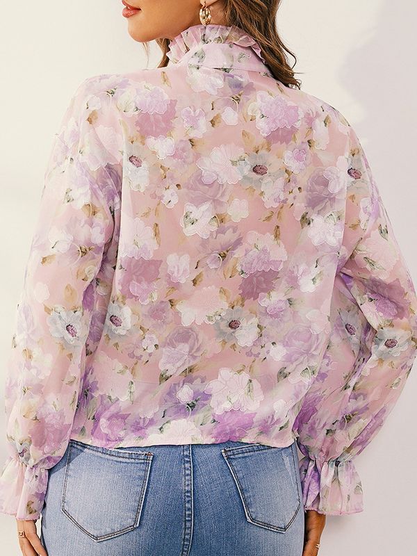 Elegant Thin Tie Dye Chiffon Long Sleeve Turtleneck Tie Blouses & Shirts