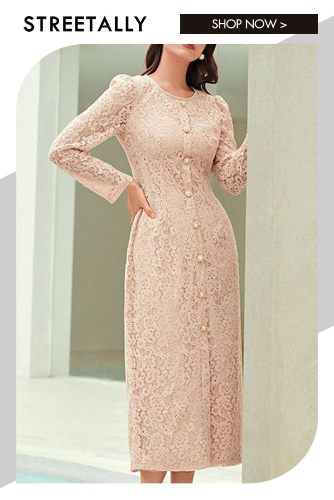 Long Sleeve Slim Lace Elegant French Slit Midi Dresses