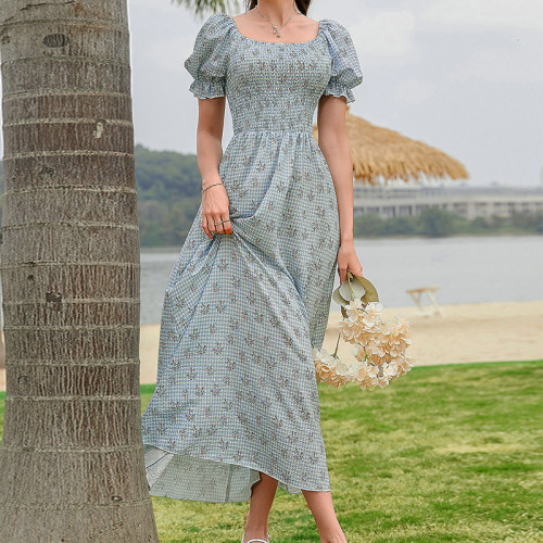 Fashion Floral Square Neck Puff Sleeve Elegant Maxi Dresses