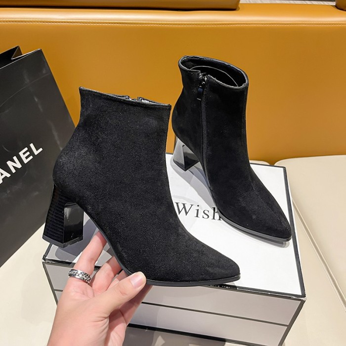 High Chunky Heel Elegant Pointed Zipper Ankle Boots