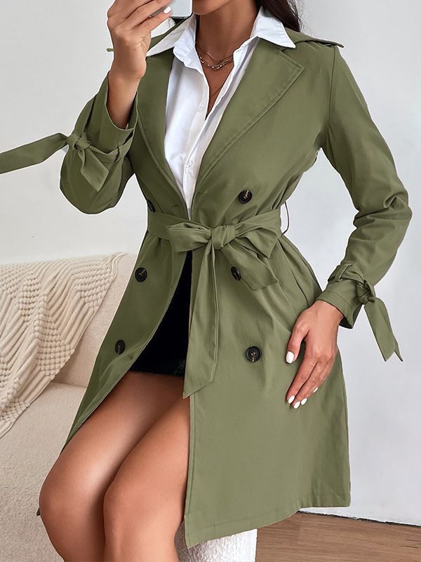 Long Sleeve Army Green British Lapel Tie Double Breasted Trench Coats