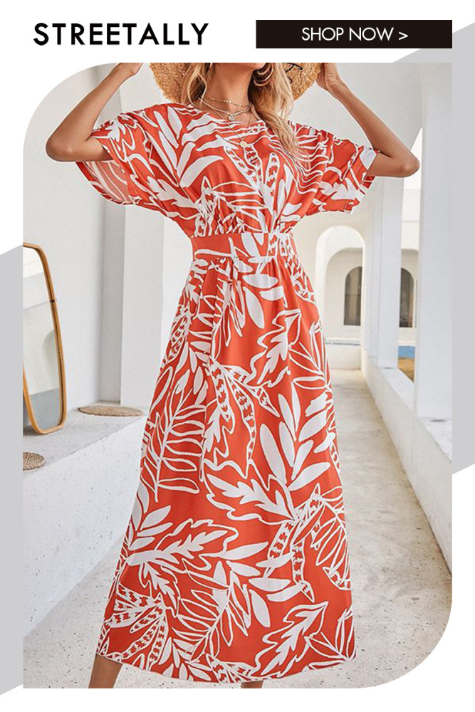 Holiday French Loose Print Mid Sleeve Crew Neck Maxi Dresses