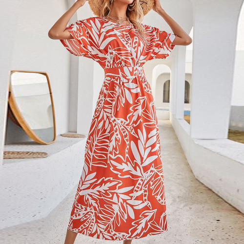 Holiday French Loose Print Mid Sleeve Crew Neck Maxi Dresses