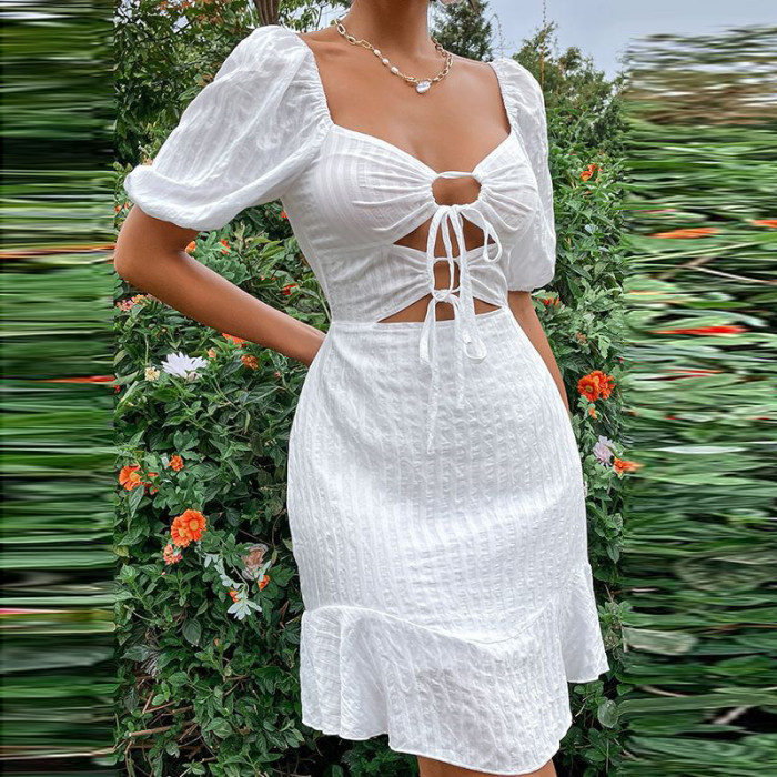 Hollow -out White Lace -up Bubble Sleeve Mini Dresses