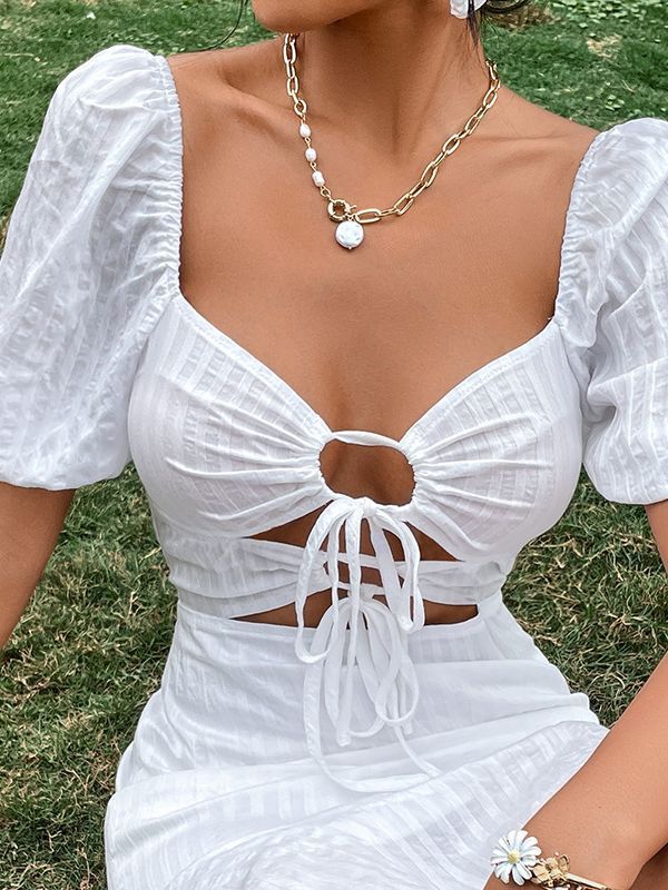 Hollow -out White Lace -up Bubble Sleeve Mini Dresses