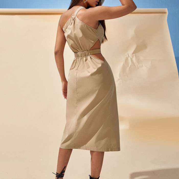 Solid Color One Shoulder Elegant Cutout Midi Dresses