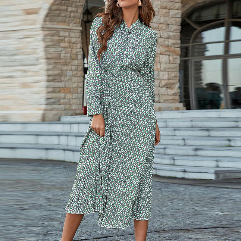 French Geometric Long -sleeved Light Luxury Reversal Maxi Dresses