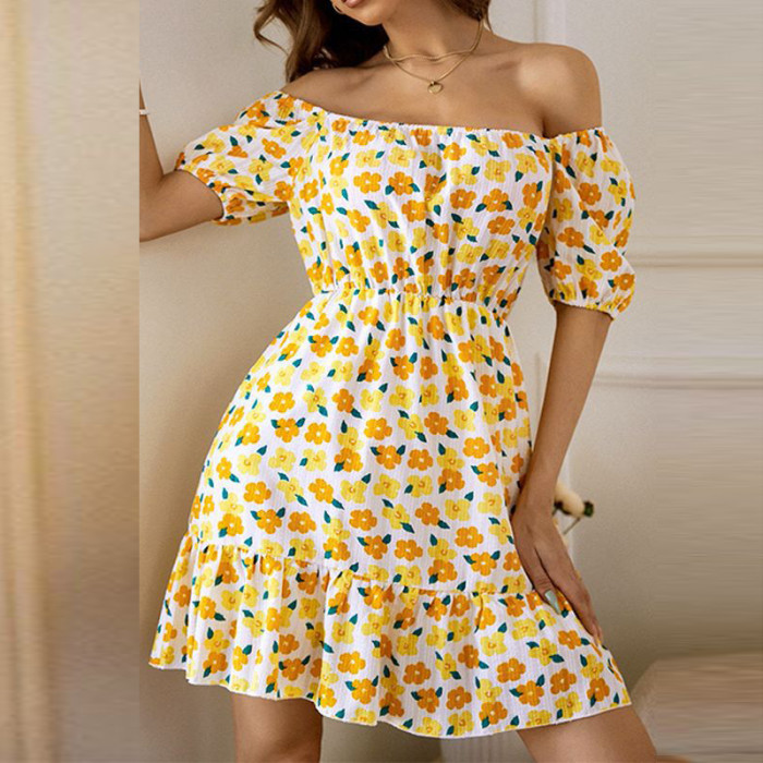 Printed Niche Sweet Square Neck Waist Short Sleeves Mini Dresses