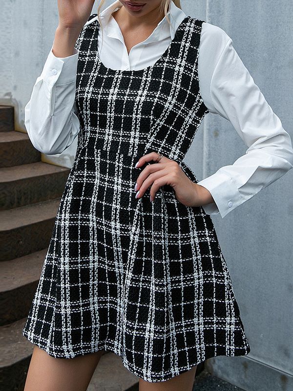 Strap Temperament Plaid Wool Round Neck Mini Dresses